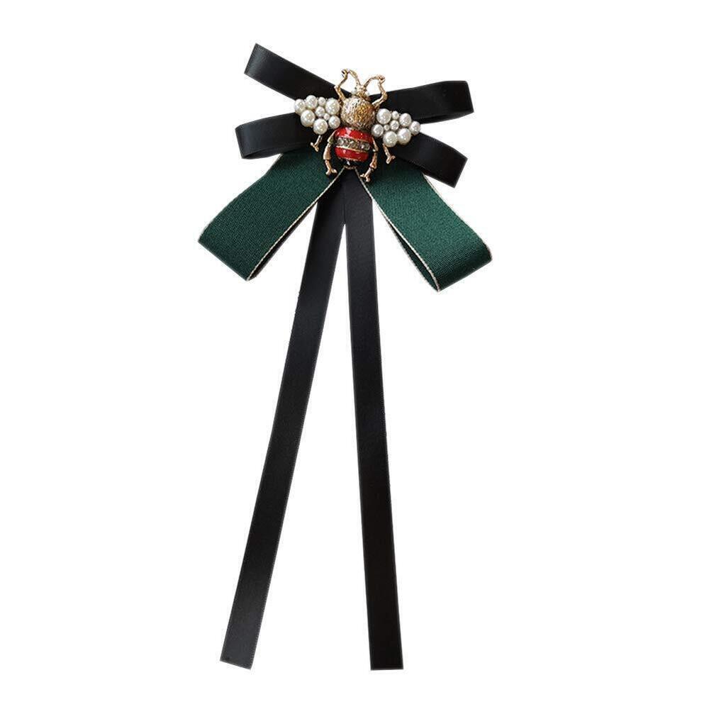 3254 JKQBUX Retro Pearl Bee Bow Brooch Pre-Tied Neck Tie Brooch Pin Satin